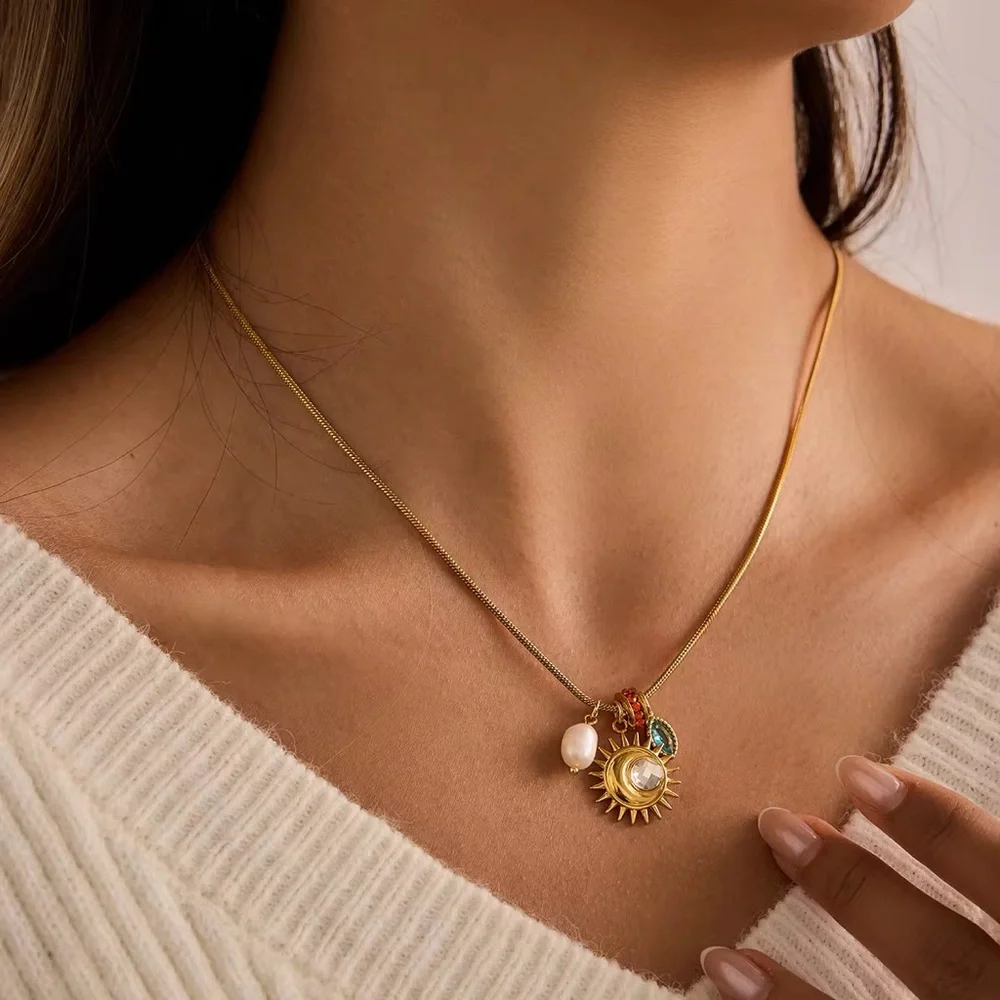 18K Gold Plated Sun Pearl and Gemstone Charms Nekclace - Picture 4 of 8